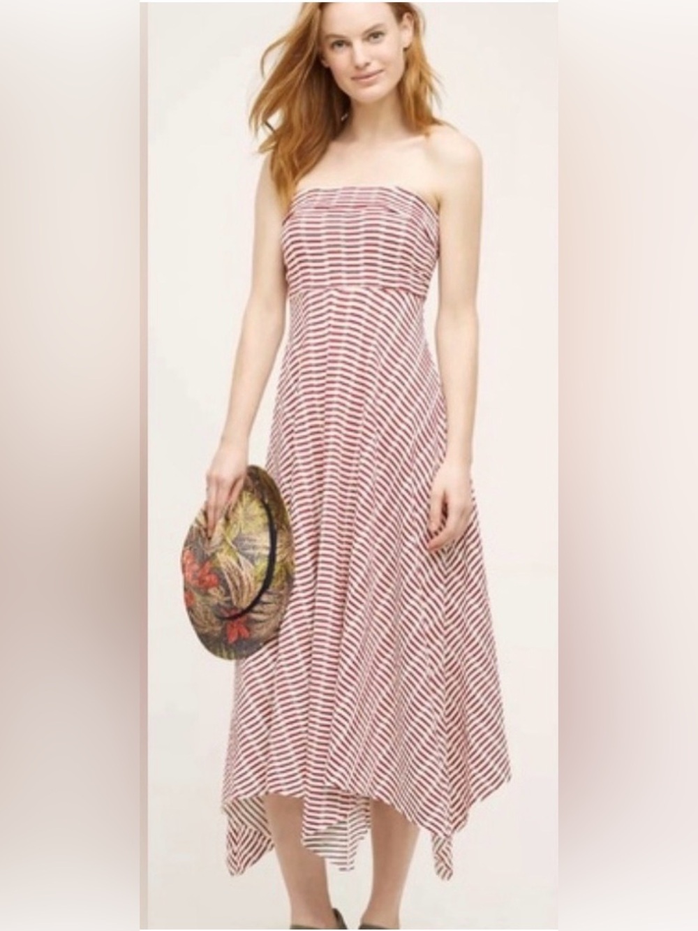 Maeve Red and White Strapless full pointed skirt dress, stretchy.